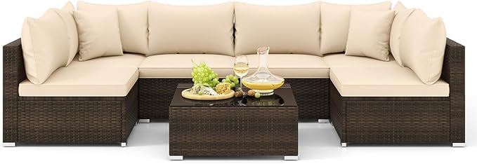 7 Pieces Patio Furniture Set, Patiojoy All-Weather Outdoor Rattan Sectional Sofa Set