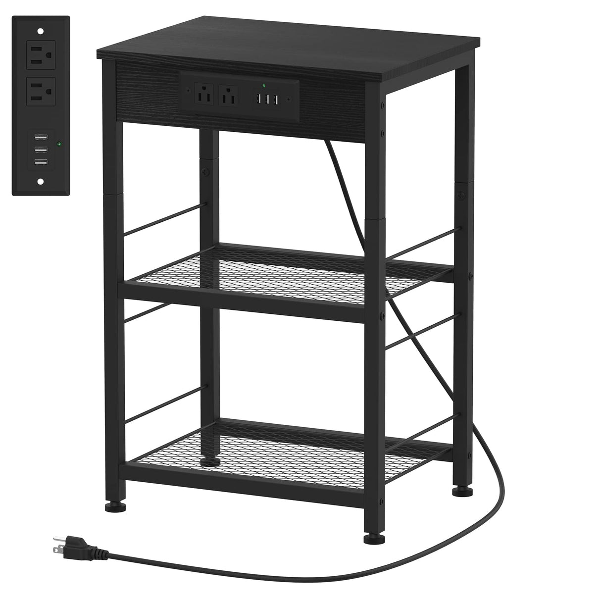 Black Nightstand with Charging Station Industrial End Side Table