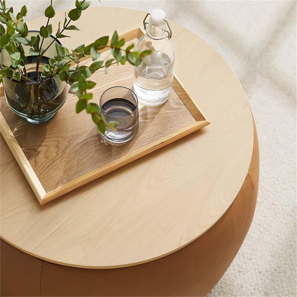 26 Inch Round Storage Ottoman with Tray Lid in Tan - Vegan Leather Ottoman - Versatile