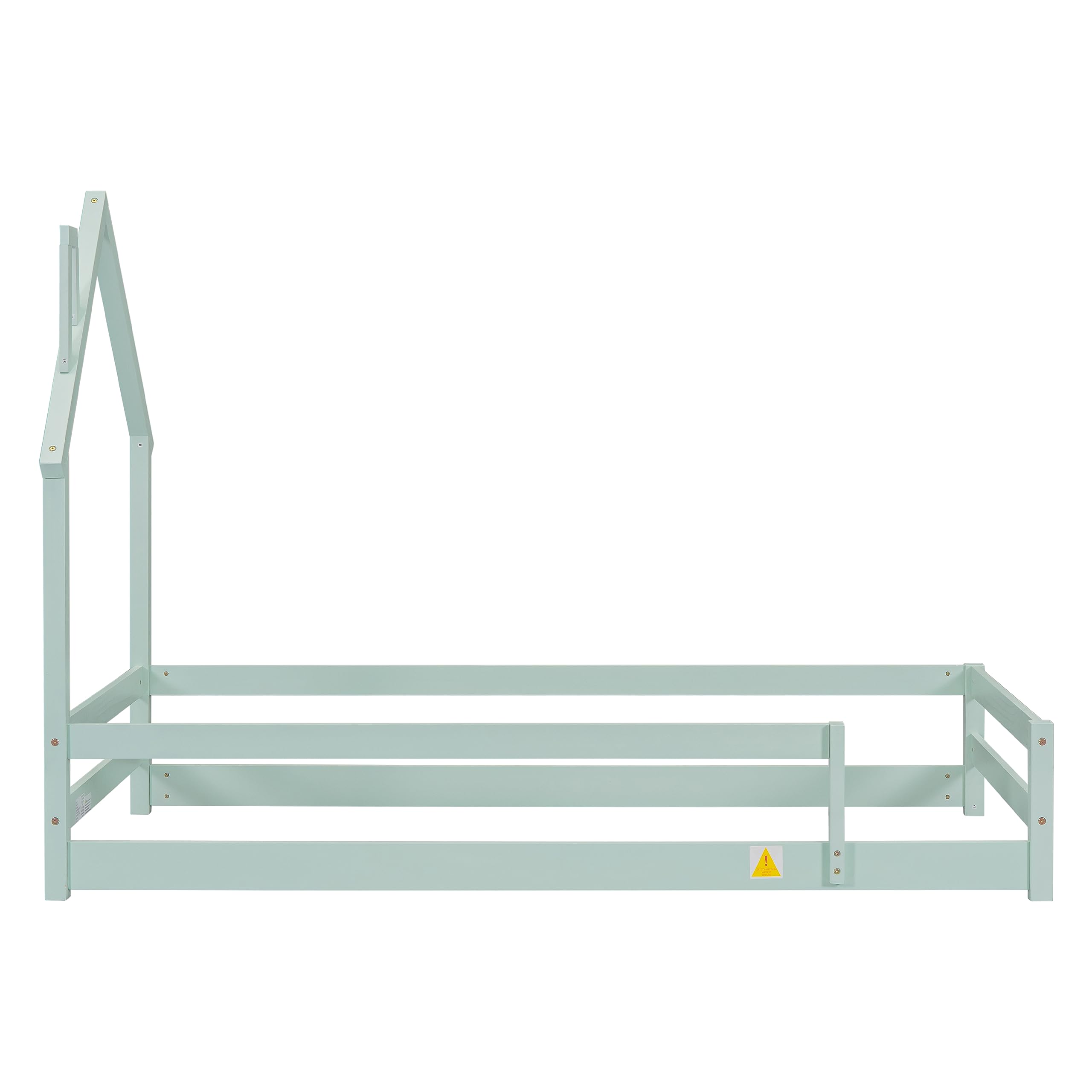 loor Bed with House-Shaped Headboard, Wooden Platform Bed with Full-Length Fences for Kids Boys Girls, Ideal Bed Frame, Easy Assembly, Light Green