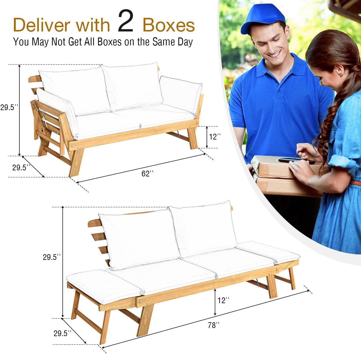 Acacia Wood Patio Convertible Couch Sofa Bed with Adjustable Armrest