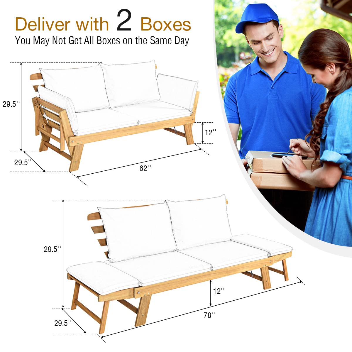 Acacia Wood Patio Convertible Couch Sofa Bed with Adjustable Armrest