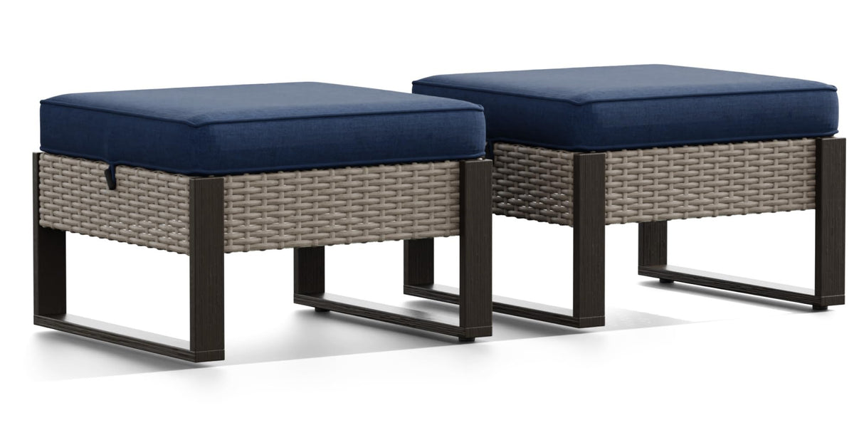 Outdoor Patio, All-Weather PE Rattan Ottomans Footstools with Removable Cushions