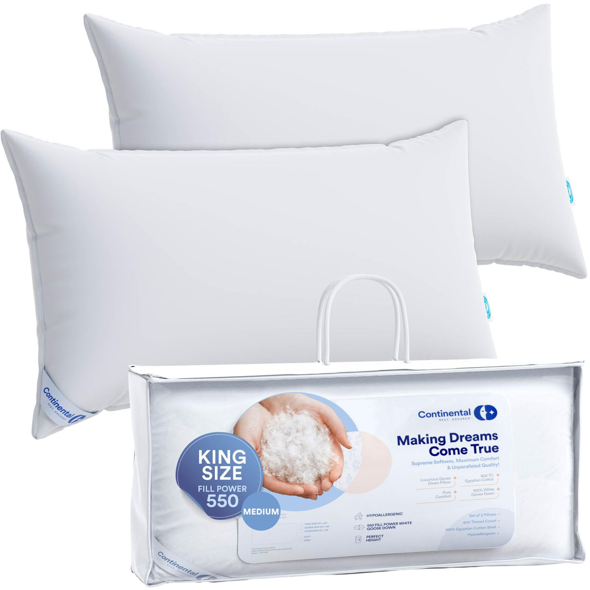 Medium King Set of 2 100% White Down Pillows