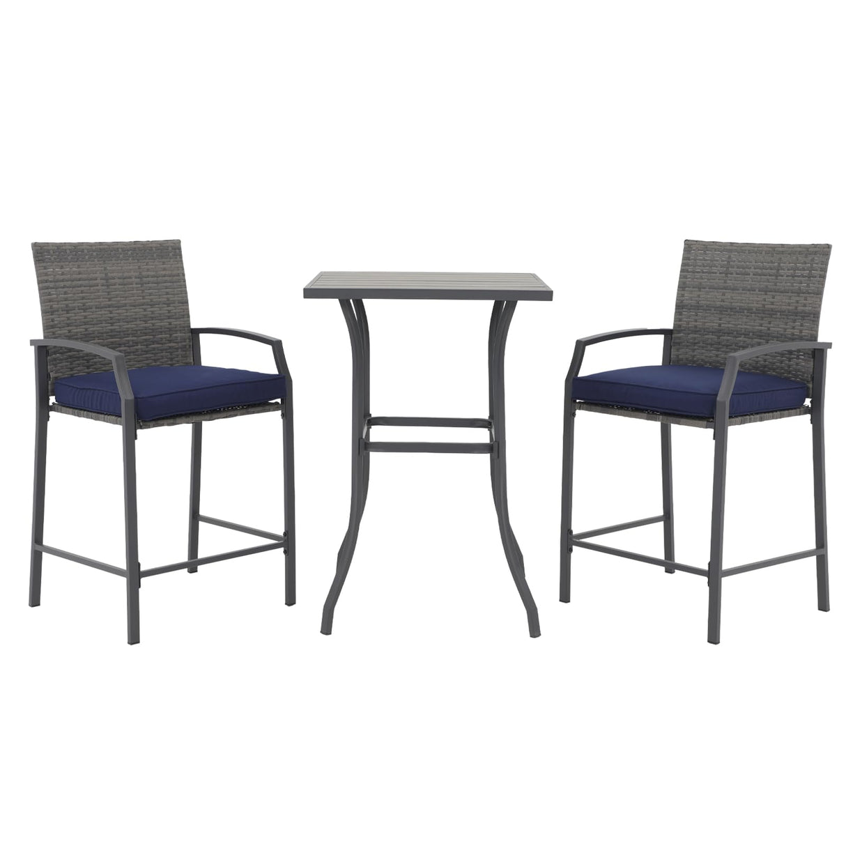JOIVI 3 Piece Patio Bar Set, Outdoor Wicker Counter Height Bar Stools and Wood Top Table Set for 2 People, Bar Height Table Bistro Set with 2 Bar Chairs and Cushions for Backyard, Balcony