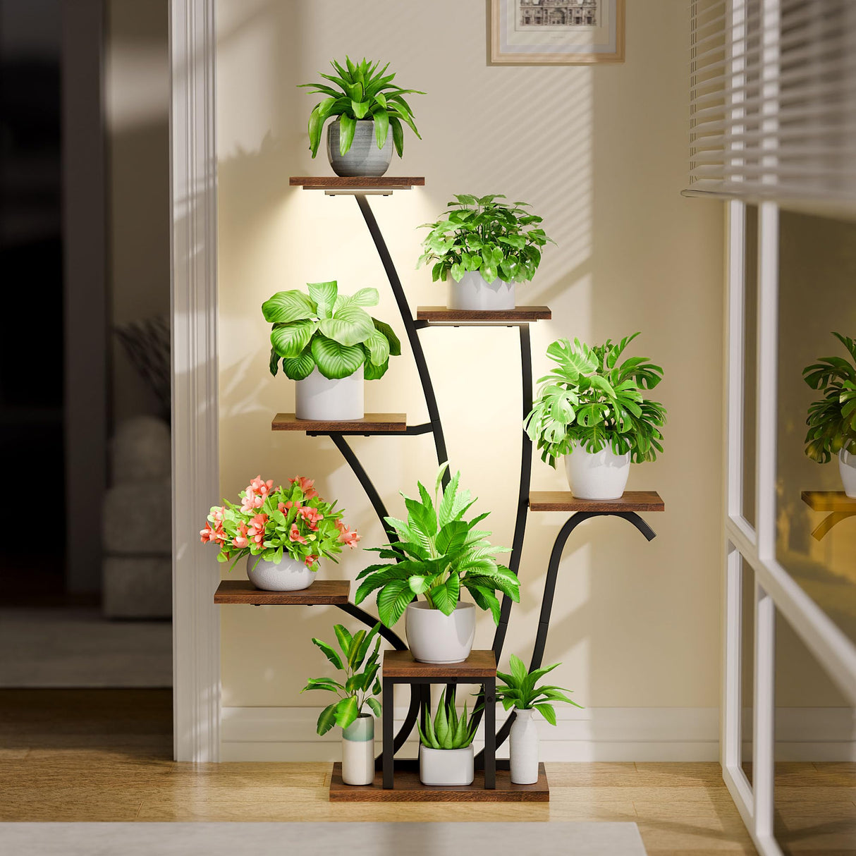 7-tier corner plant stand with grow lights for indoor gardens