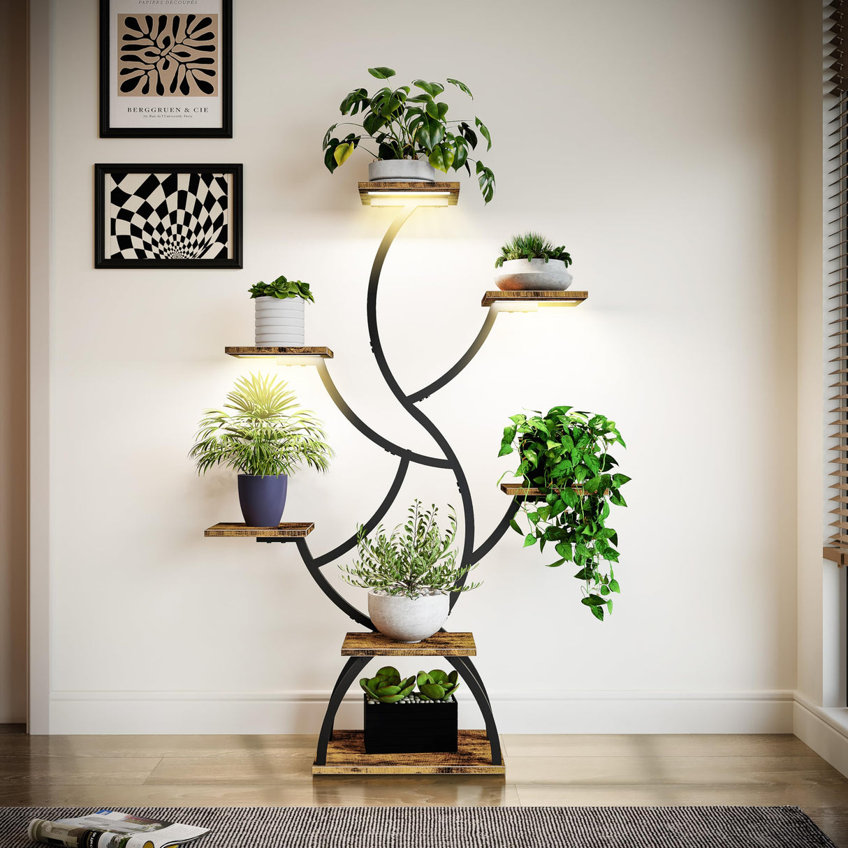 7-tier tree-shaped indoor plant stand with LED grow lights