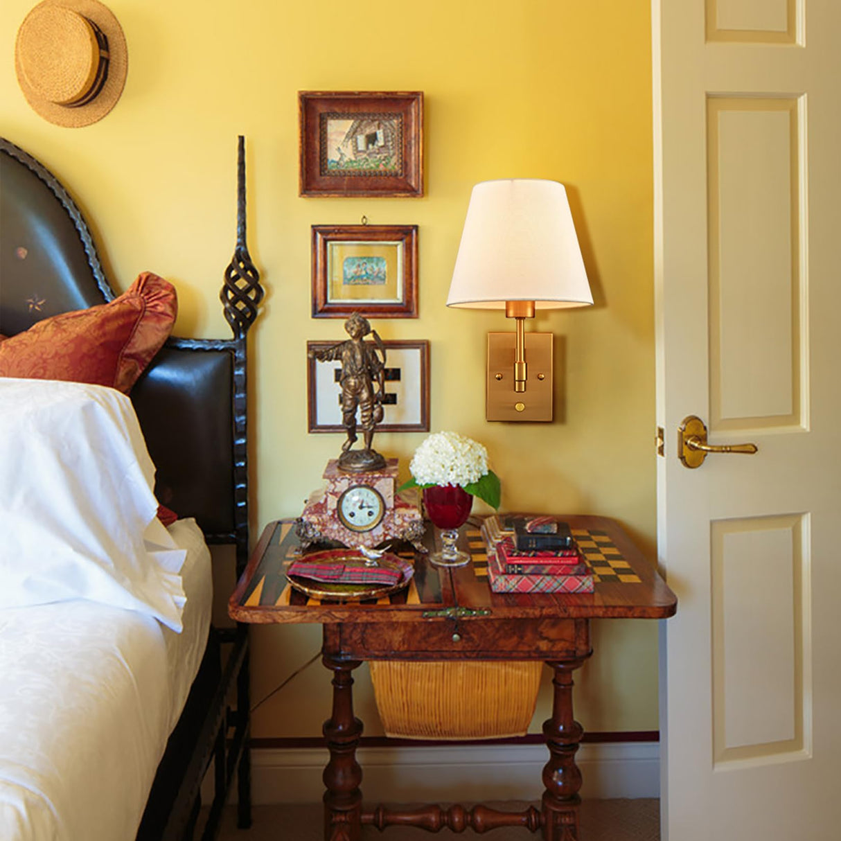 Gold Plug-in Wall Sconces Set of Two Beige Shade Brass Swing Arm Wall Lamp