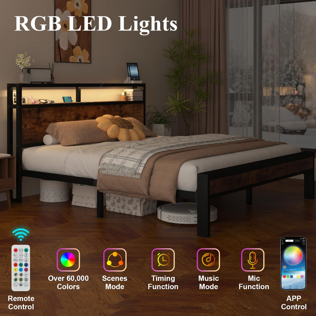 LoVinson Queen Size Bed Frame with LED Lights, 2-Tier Storage Headboard with Charging Station, Wood Slat Support, No Box Spring Needed, Noise Free, Easy Assembly, Rustic Brown