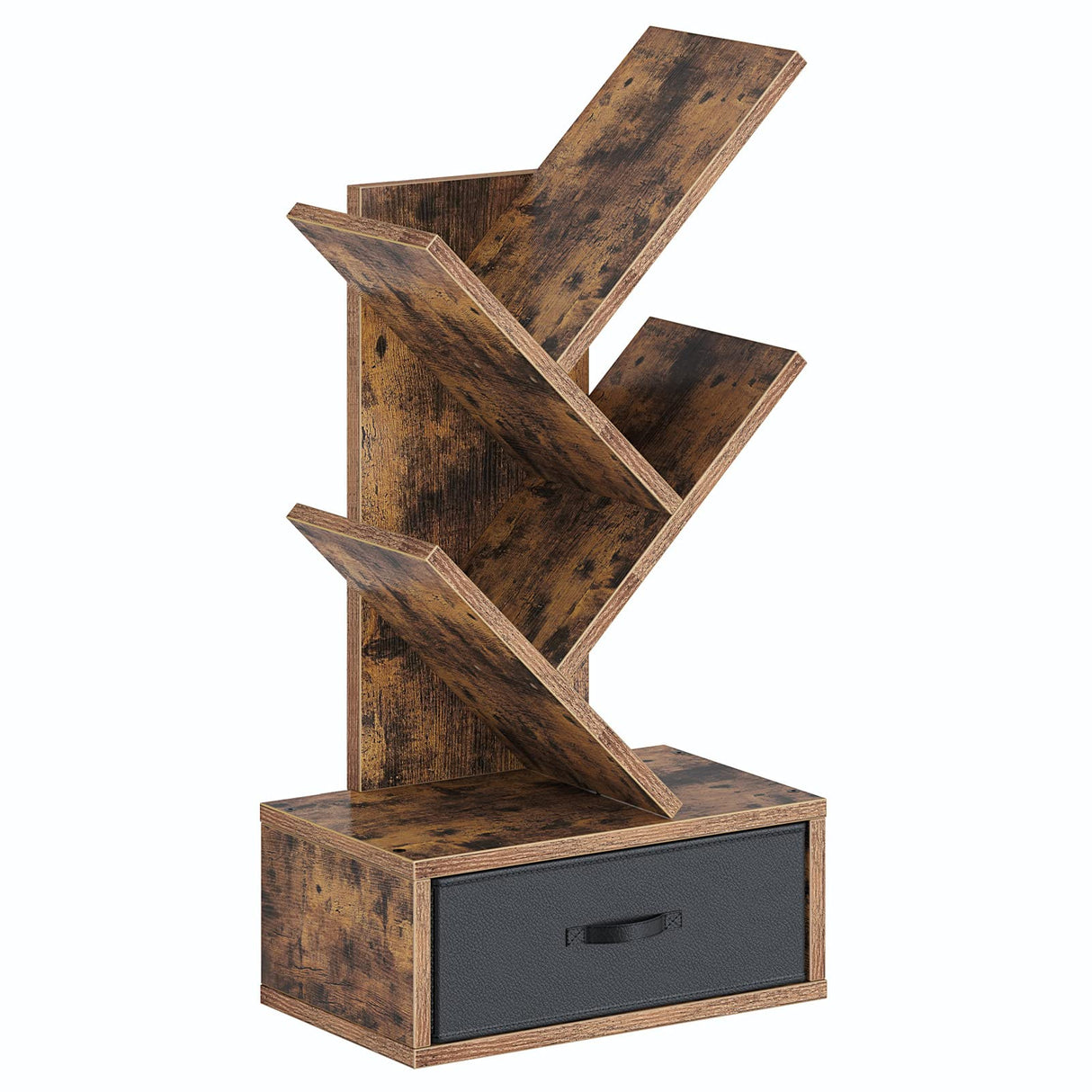 Rolanstar Bookshelf with Drawer, 4 Shelf Tree Bookshelf, Wooden Bookshelves Storage Rack for CDs/Movies/Books, Rustic Brown Bookcase, Utility Organizer Shelves for Living Room, Bedroom