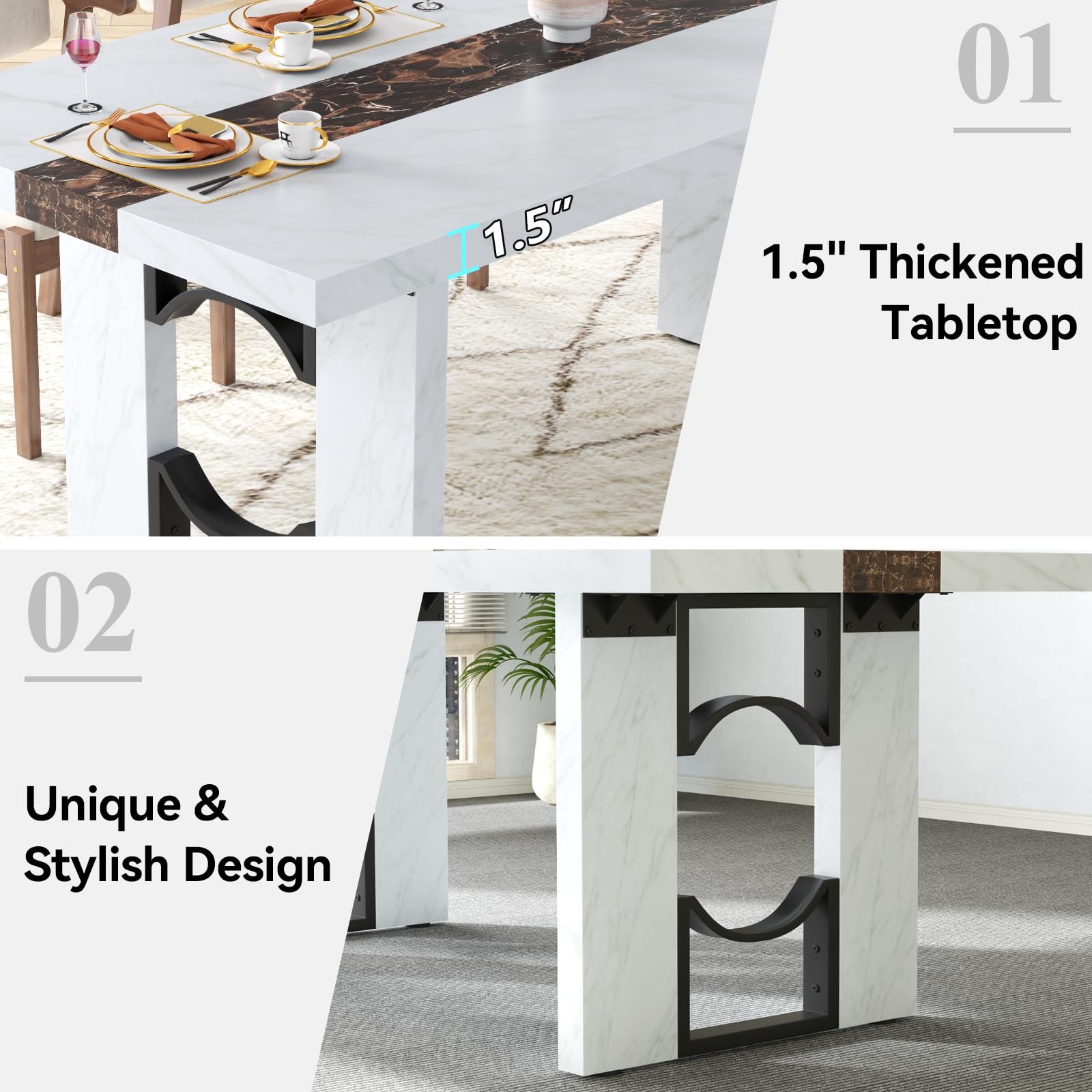 Inch Dining Table for 6-8 People, Large Rectangular Kitchen Table with Marble-Color