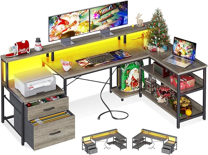 L Shaped Standing Desk with LED Light and Power Outlet, Dual Motor Height Adjustable