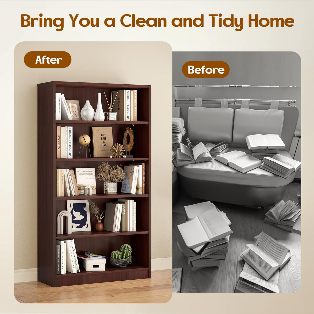 Soohow 5 Shelf Bookcase,60 Inch Wood Tall Bookshelves for Living Room,Mahogany