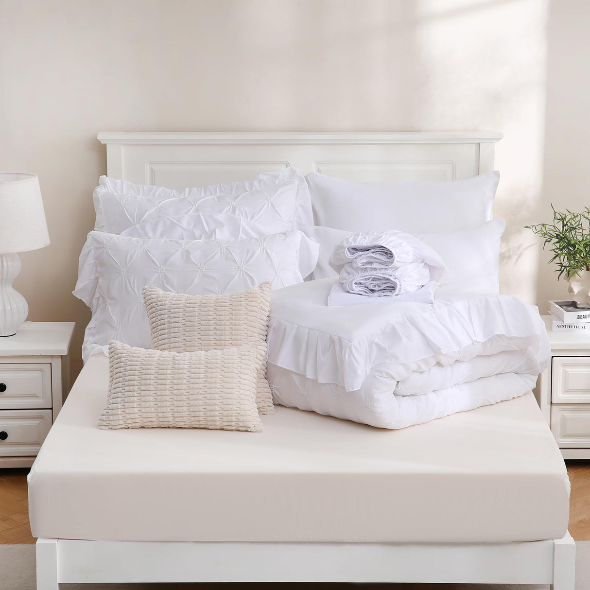 Pinch Pleated Comforter Bed in A Bag Queen 10 Pieces White Ruffled Comforter Set Pintuck Bedding Set