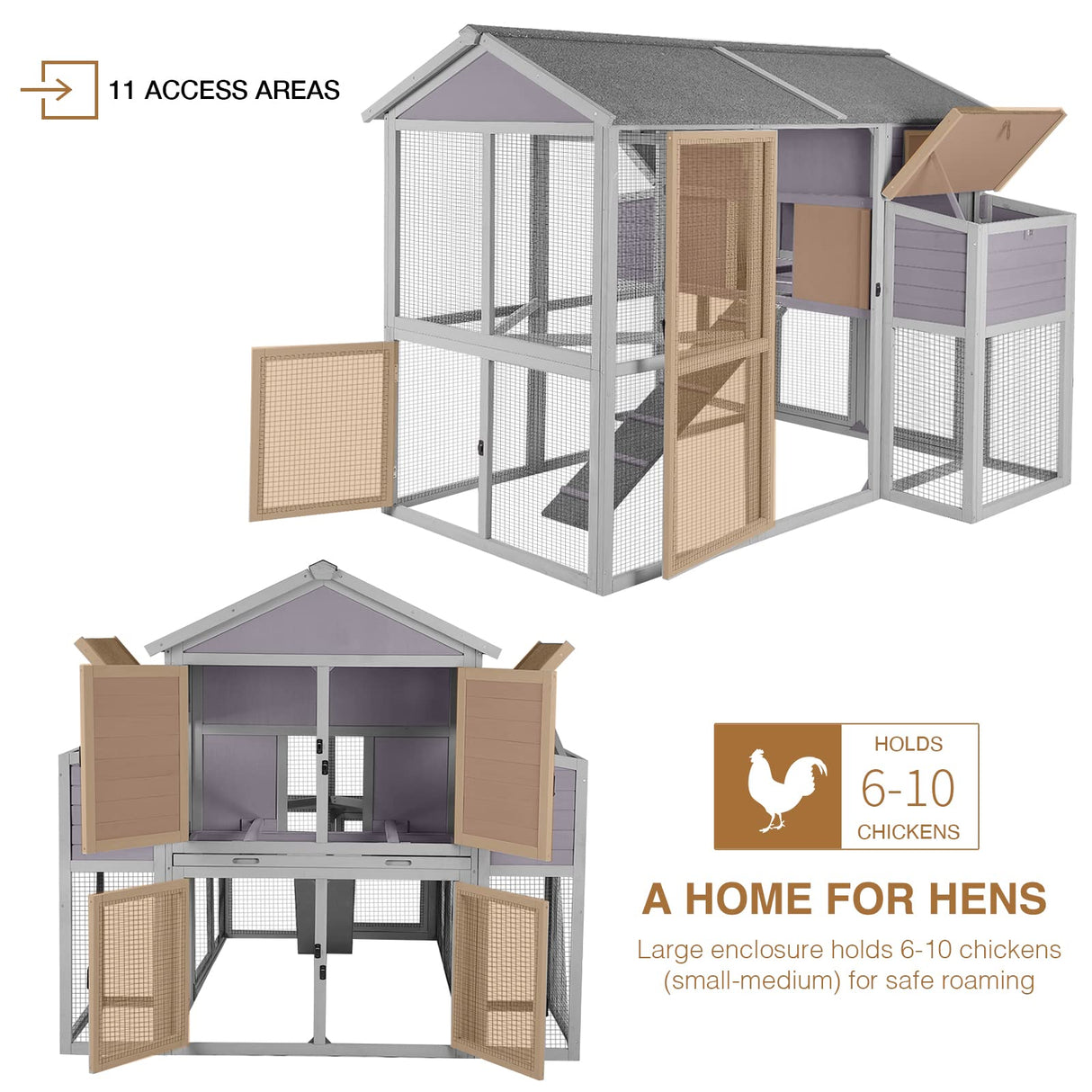 Large Chicken Coops for 6-10 Chickens, Hen House with 2 Nesting Boxes
