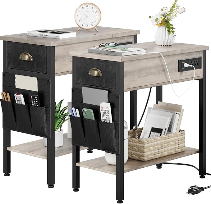 Set of 2 End Table with Charging Station, Night Stand/Sofa Couch Table/Bedside Table