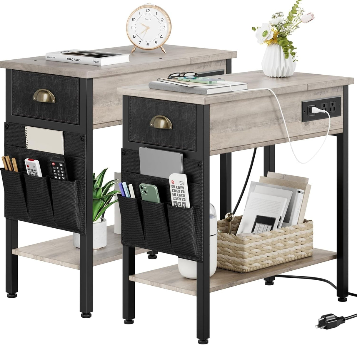 Set of 2 End Table with Charging Station, Night Stand/Sofa Couch Table/Bedside Table