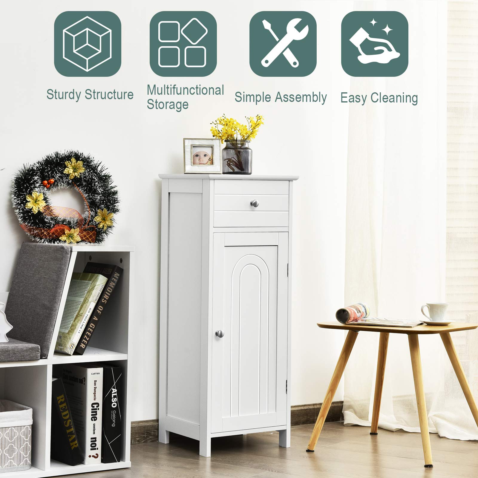 Bathroom Floor Cabinet, Wooden Side Storage Organizer, Free-Standing Single Door Floor Storage Cabinet with Large Drawer & 2 Adjustable Shelves for Living Room Kitchen (White)