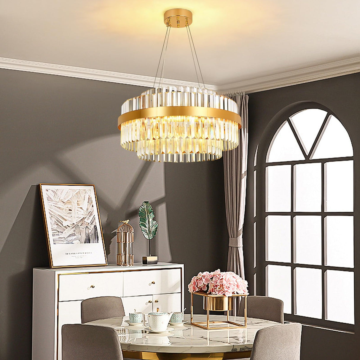 Modern Crystal Chandelier Gold, LED 3-Color Change Pendant Lights Fixture