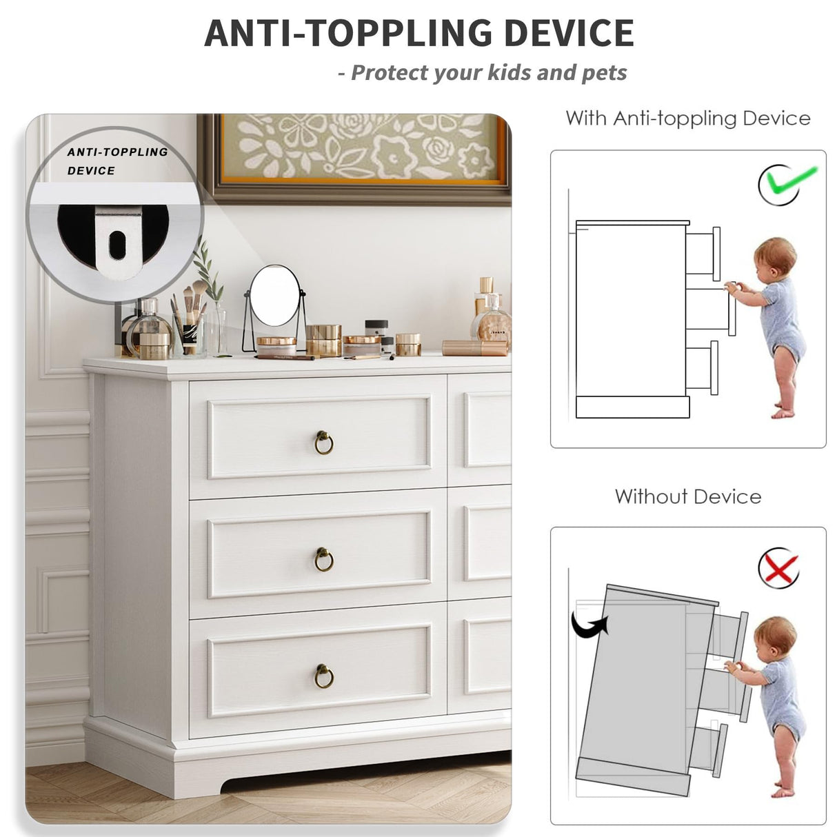 HOSTACK 6 Drawers Dresser for Bedroom, White Dressers & Chests of Drawers, 47.2" Wide Wood Double Dresser, Modern Farmhouse Storage Dressers, 6 Drawer Chest for Living Room, Entryway, Hallway