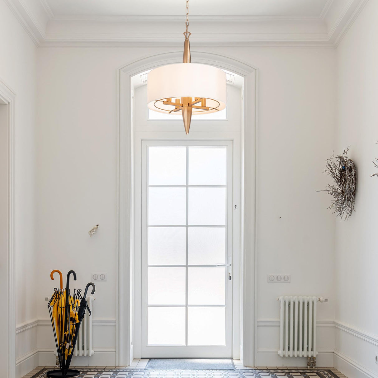 Gold Chandelier, 4 Light Gold Drum Chandelier with Fabric Shade, Modern Chandelier