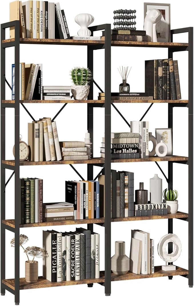 5 Tier, 58.7'' Industrial Wooden Book Shelf with Metal Frame, Large Storage Rack with Open Shelves, Wood Display Bookcase for Home and Office, Rustic Brown