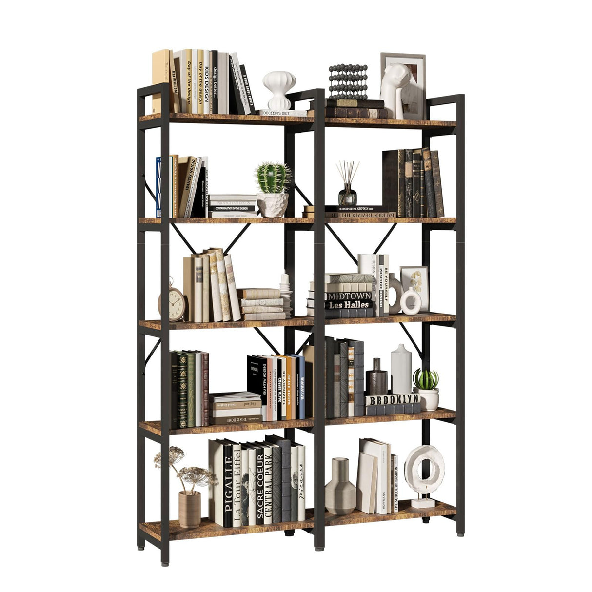 5 Tier, 58.7'' Industrial Wooden Book Shelf with Metal Frame, Large Storage Rack with Open Shelves, Wood Display Bookcase for Home and Office, Rustic Brown