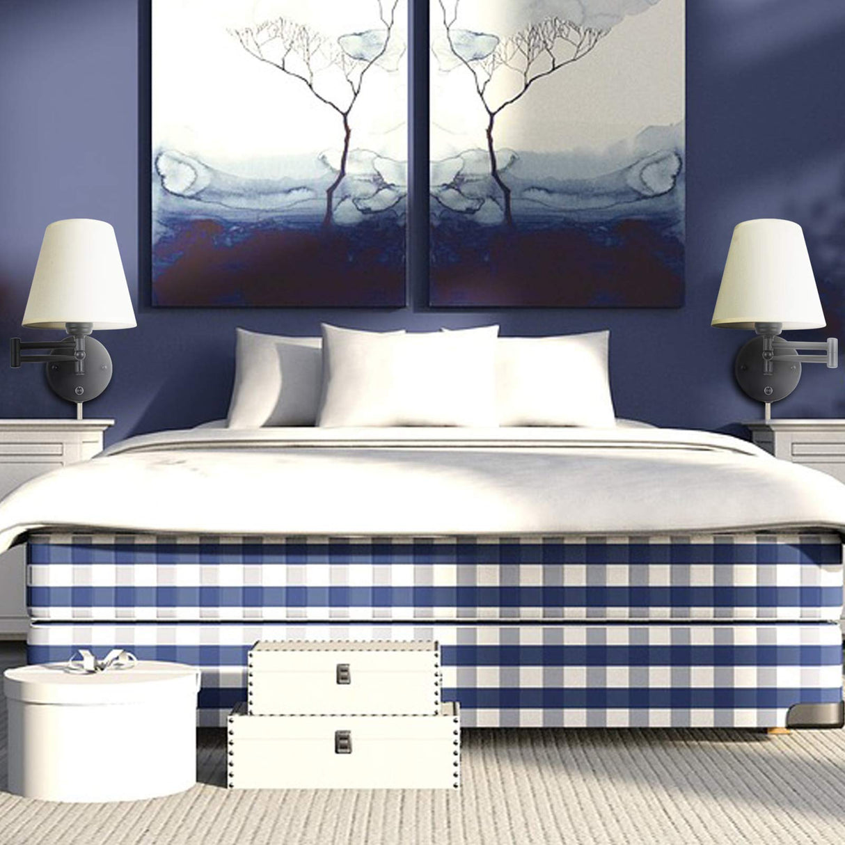 Swing Arm Wall Lamp Plug in Wall Mount Opaque Ivory Linen Shade 40W 2-Way Cord Covers