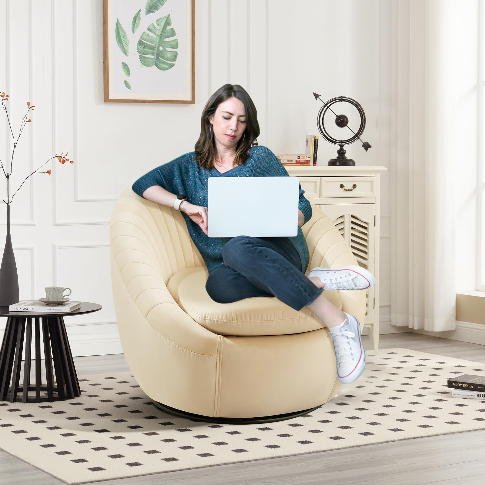 Swivel Accent Chair, Modern Velvet Shell Swivel Barrel Chair with Wide Seat