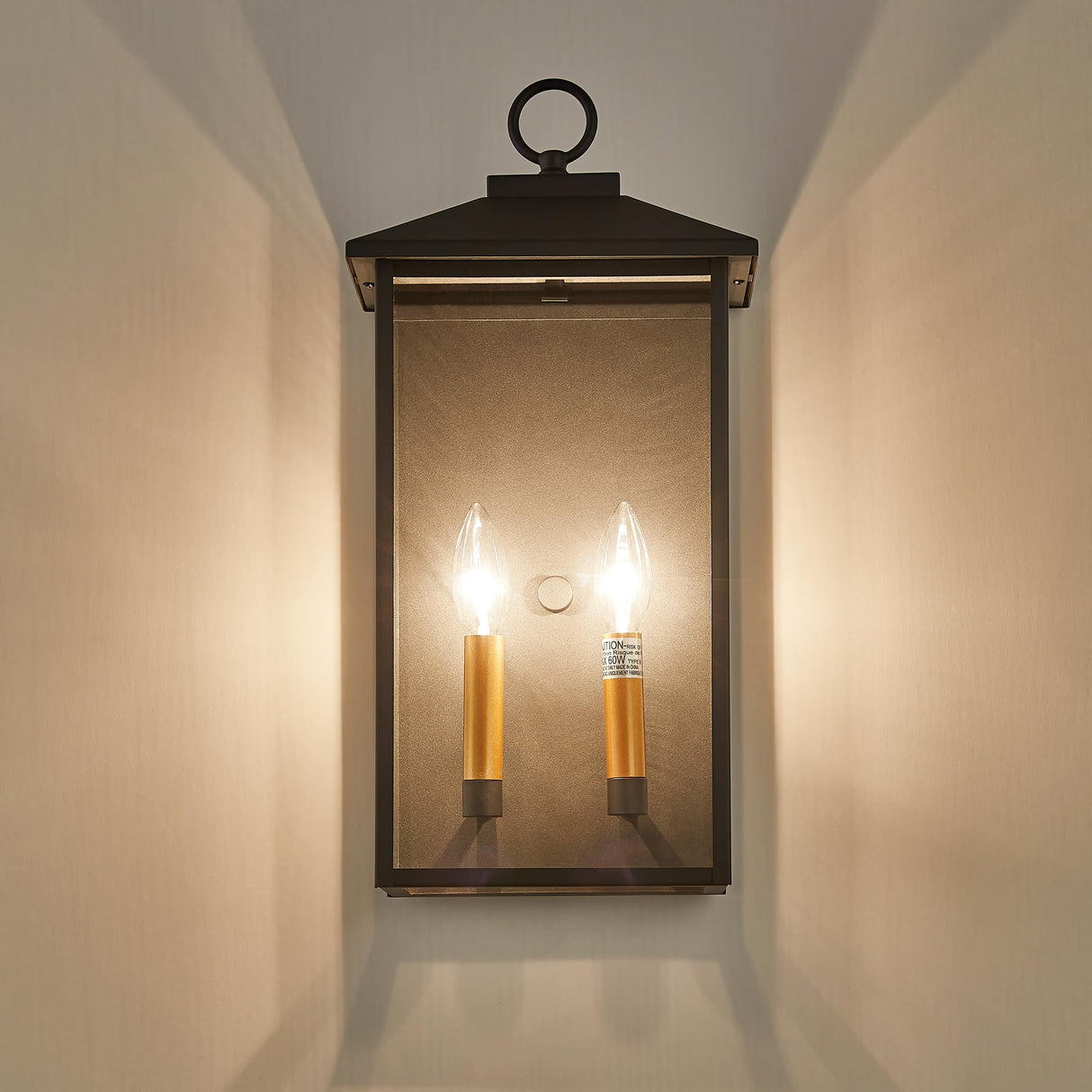 18 Inch Wall Light in Clear Glass and Textured Black and Golden Candle Cap Sleeve
