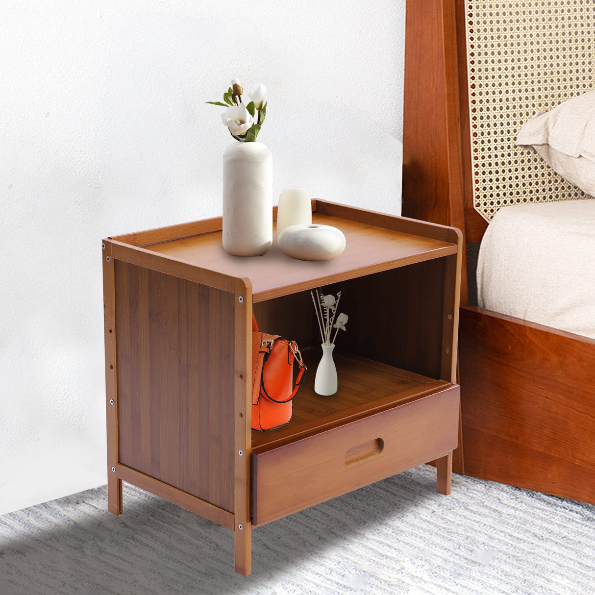 Nightstand with Drawer and Open Shelf,Small Side End Table