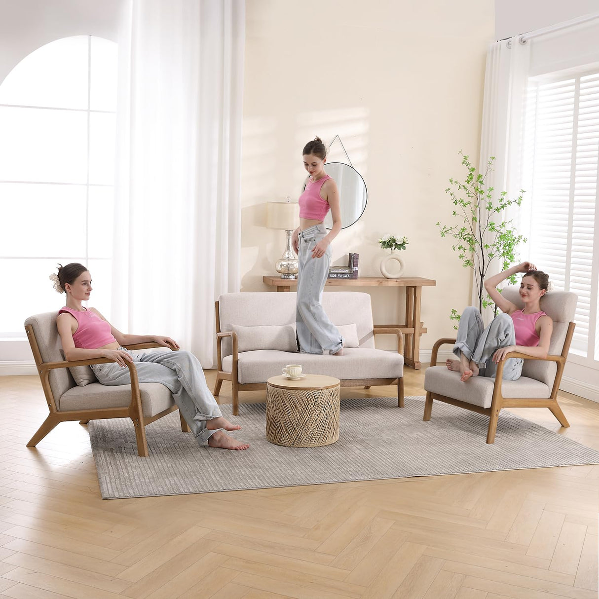 Mid Century Modern Accent Chair with Wood Frame, Upholstered Living Room Chairs