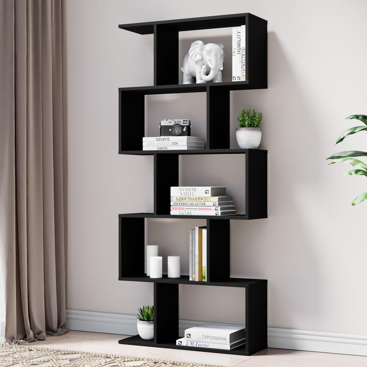 Castle Set of 2 Geometric Bookcase, S-Shaped Modern Bookshelf, Room Divider Bookshelf, 62" Tall Unique Abstract Bookcase with 5-Tier Display Shelf for Living Room Office, Black