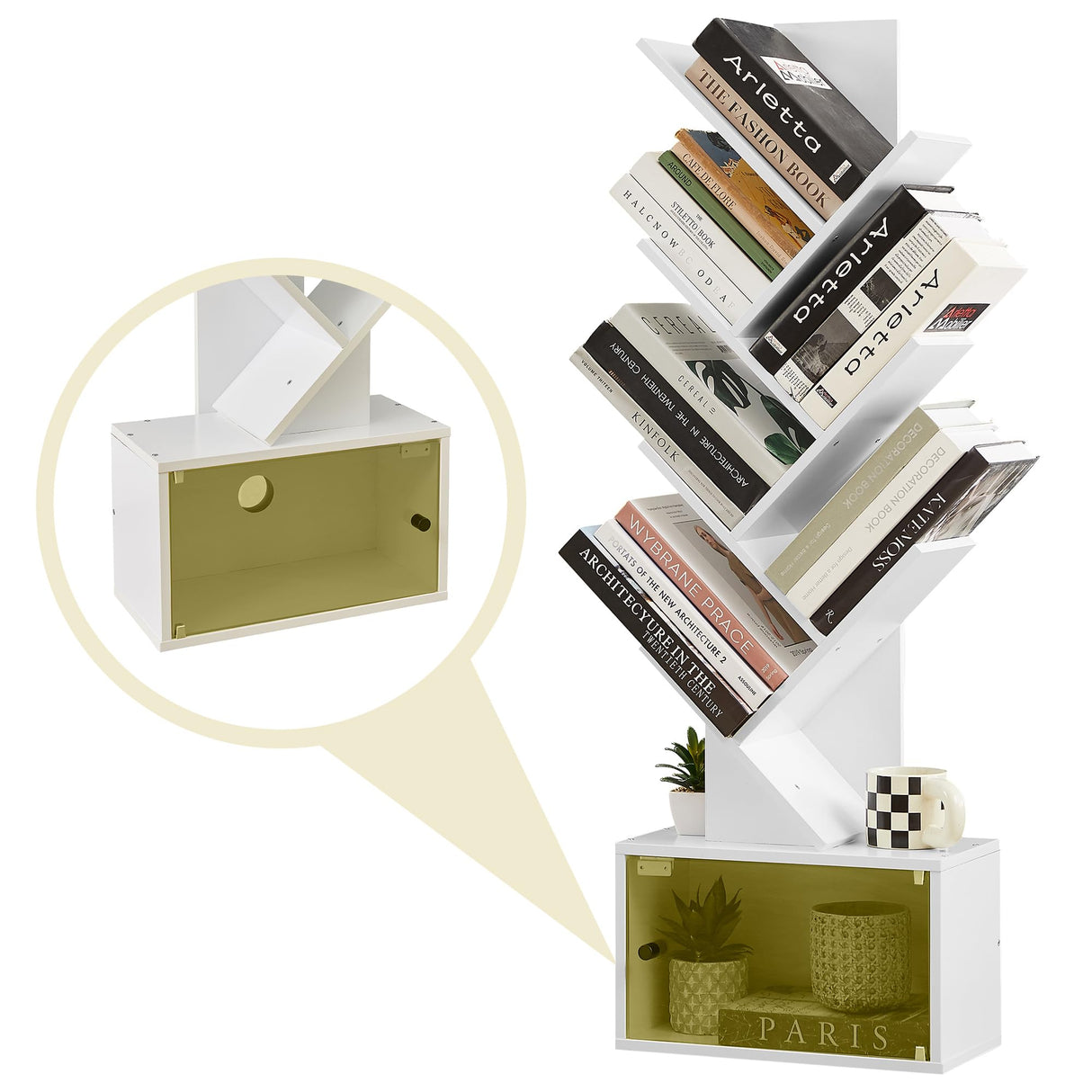 7-Tier Tree Bookshelf with Drawer, Wooden Tree-Shaped Book Display Shelves for CDs/Magazines/Books, FreeStanding Geometric Bookcase Organizers for Home Office, Ivory White