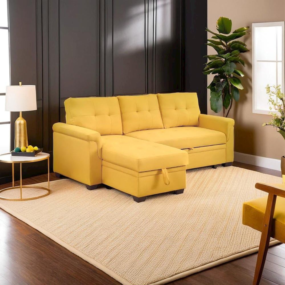 Yellow Linen Reversible Sleeper Sectional Sofa