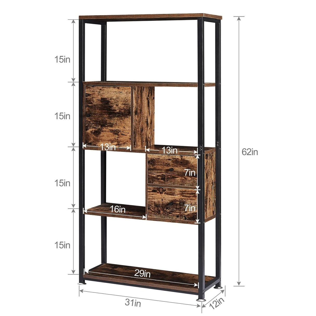 Bookshelf,4-Tier Book Shelves with 2 Storage Drawers and 1 Cabinet, Metal Frame Open BookcaseStanding Shelf Unit for Living Room, Home Office