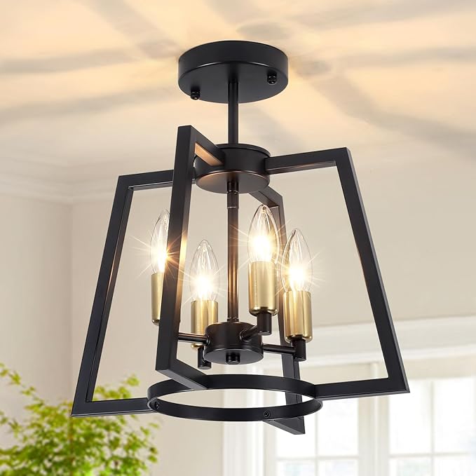4-Light Modern Ceiling Light, Black Gold Semi Flush Mount Ceiling Light, Hallway Light