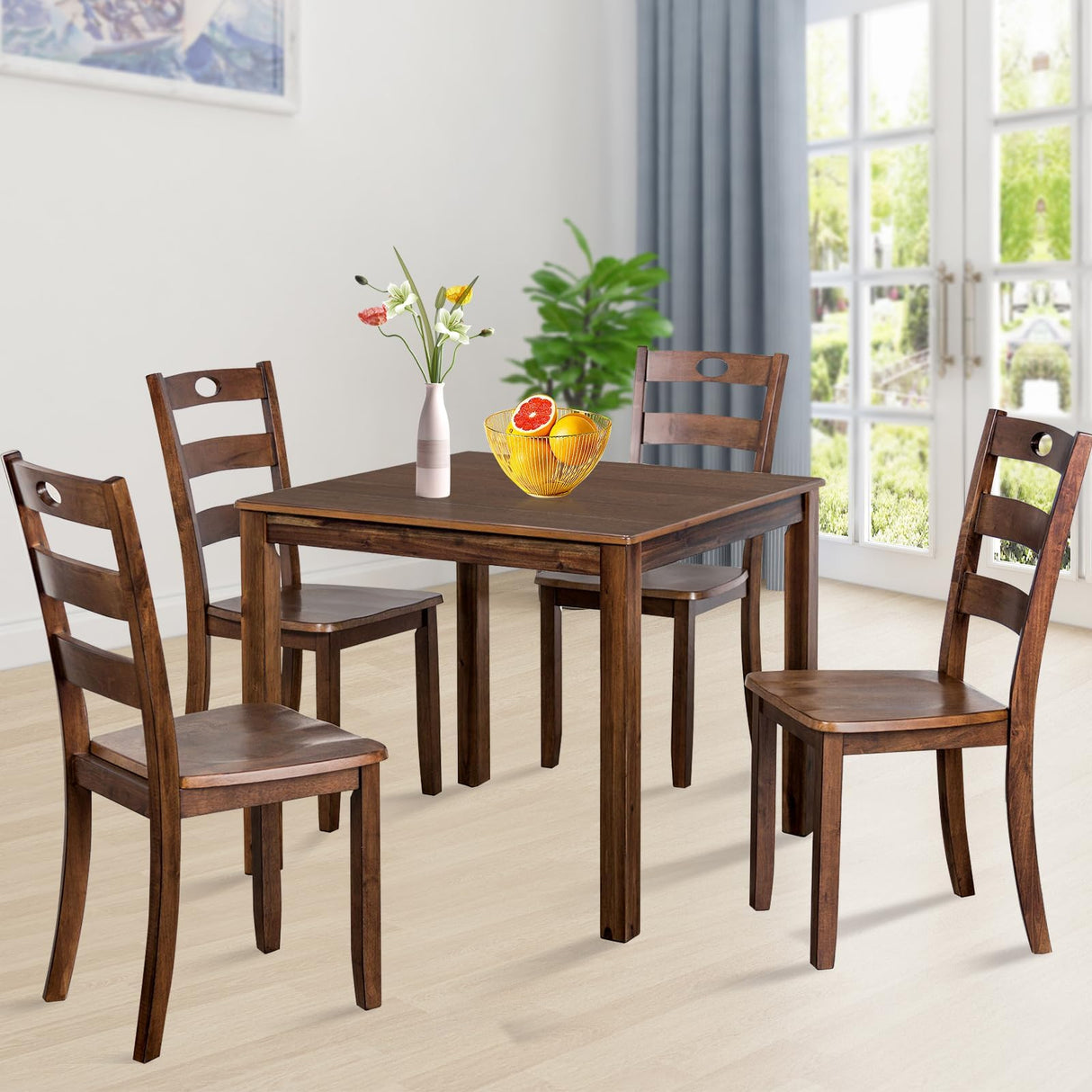 5-Piece Dining Table Set, Solid Rubber Wood Dining Room Table Set for 4, Modern Table
