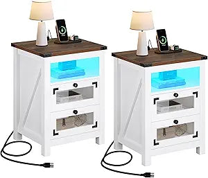Farmhouse Nightstand with Charging Station, 2 Drawers Night Stand with LED Lights