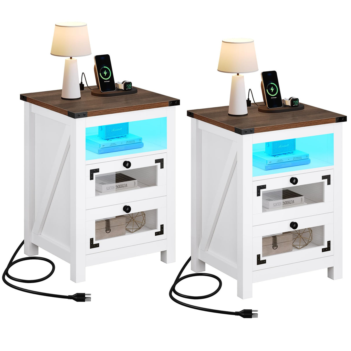 Farmhouse Nightstand with Charging Station, 2 Drawers Night Stand with LED Lights