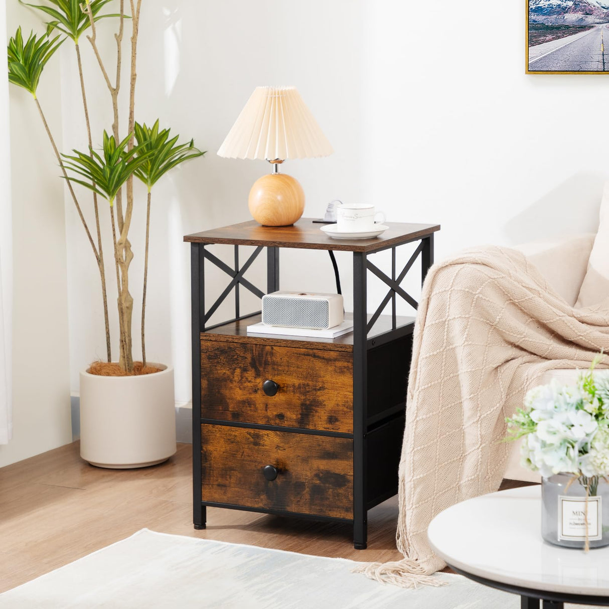 Night Stand Set 2, Nightstand with Charging Station, End Tables Living Room with USB