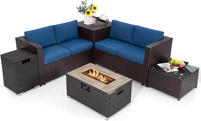 6 Pieces Patio Wicker Furniture Set with 32 Inches Propane Fire Pit Table and Tank Holder