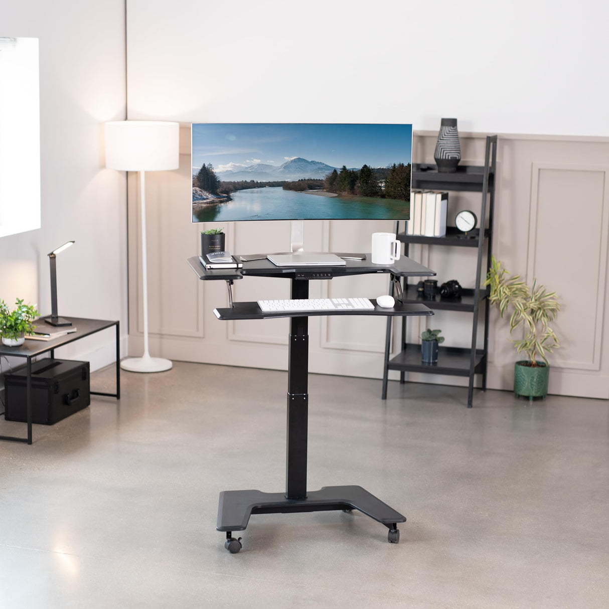 Black Electric Mobile Height Adjustable 36 inch Dual Platform Standing Desk with Wheels, Rolling Small Space Table, Sit Stand Workstation, DESK-V111VT