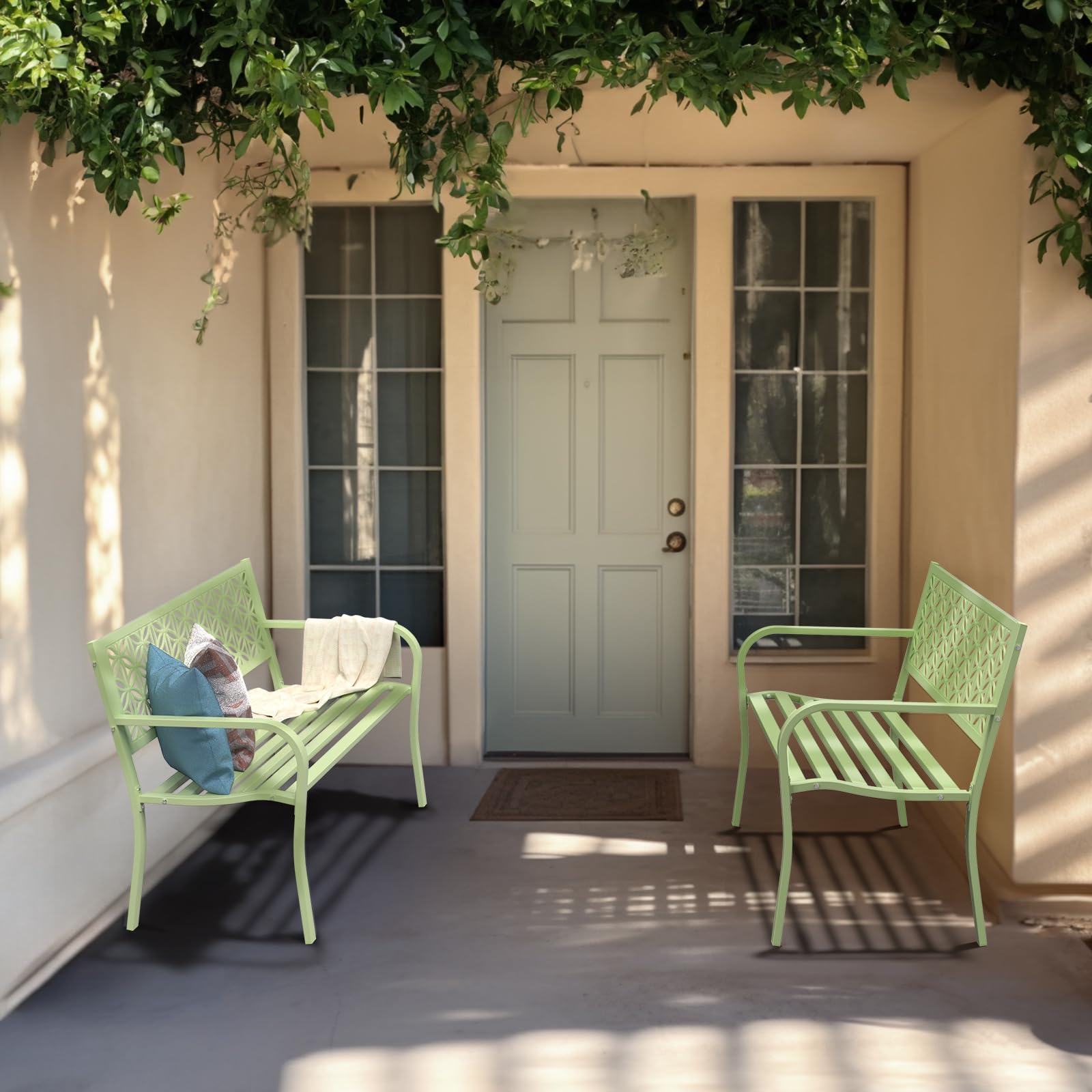 Outdoor Bench Metal with Floral Back, Garden Bench Front Porch Bench for Yard Patio