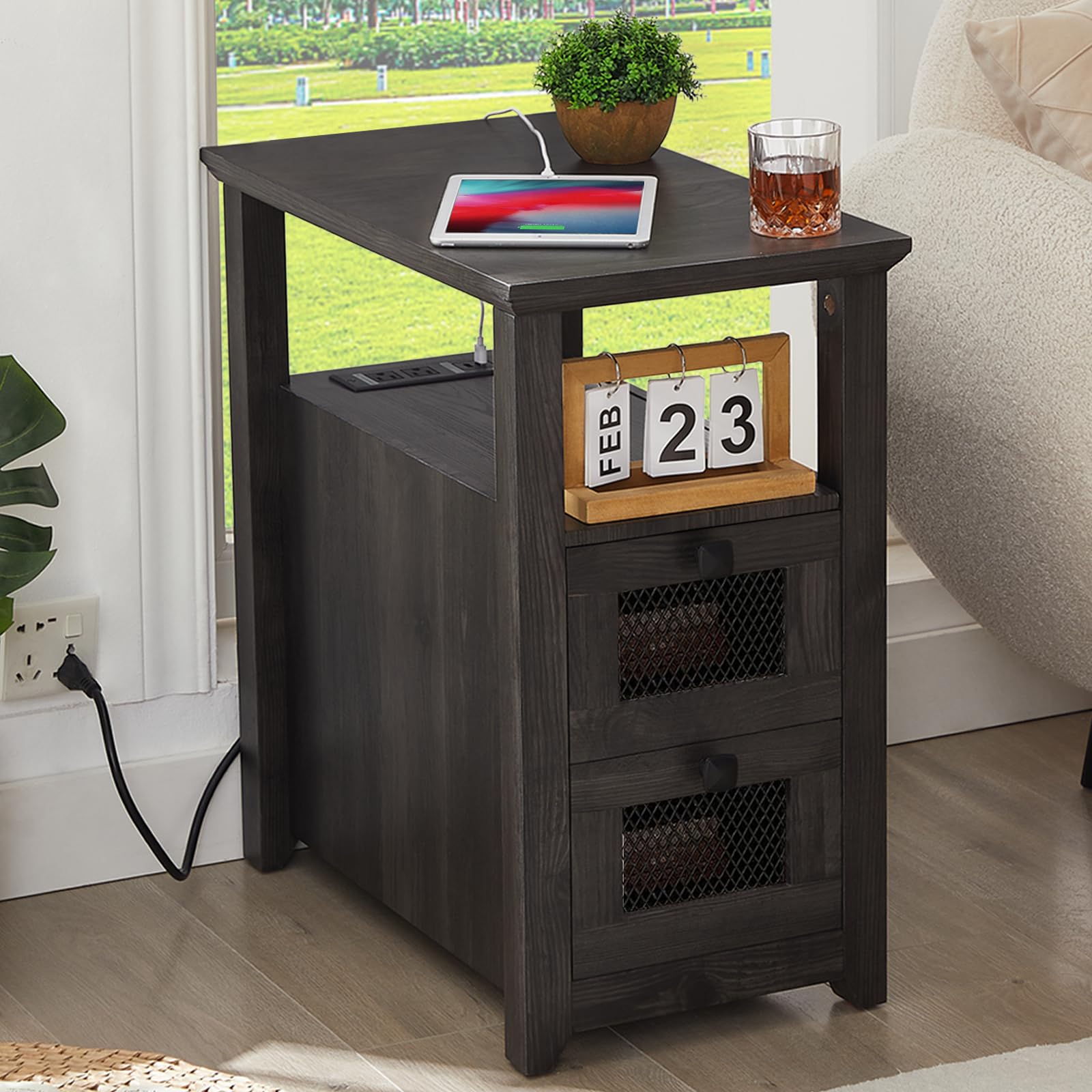 Farmhouse XXL End Table with Charging Station, Narrow Side Table – Bircata