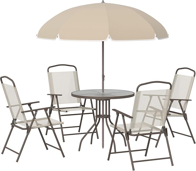 6 Piece Patio Dining Set for 4 with Umbrella, Outdoor Table and Chairs