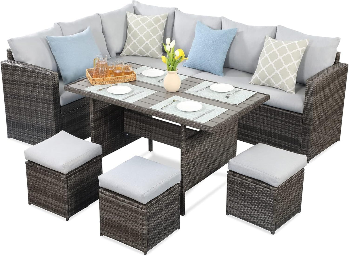Wicker Rattan Outdoor Dining Set with Dining Table and Ottomans