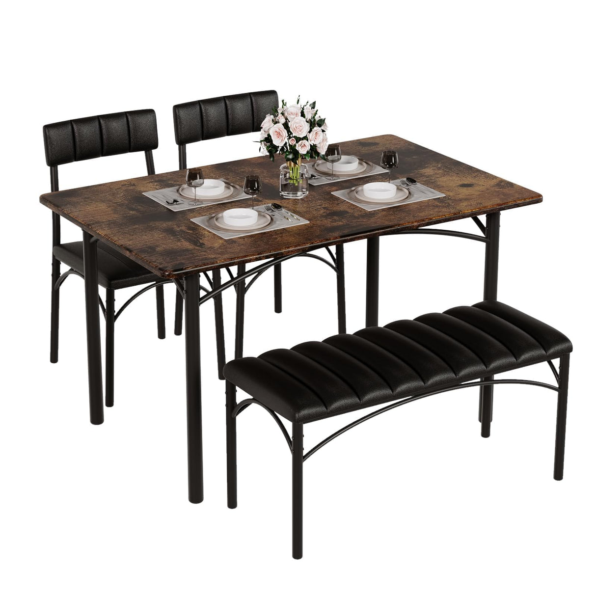 5-Piece Dining Table Set for 4-6 People with Bench and Chairs - 43" Rustic Brown