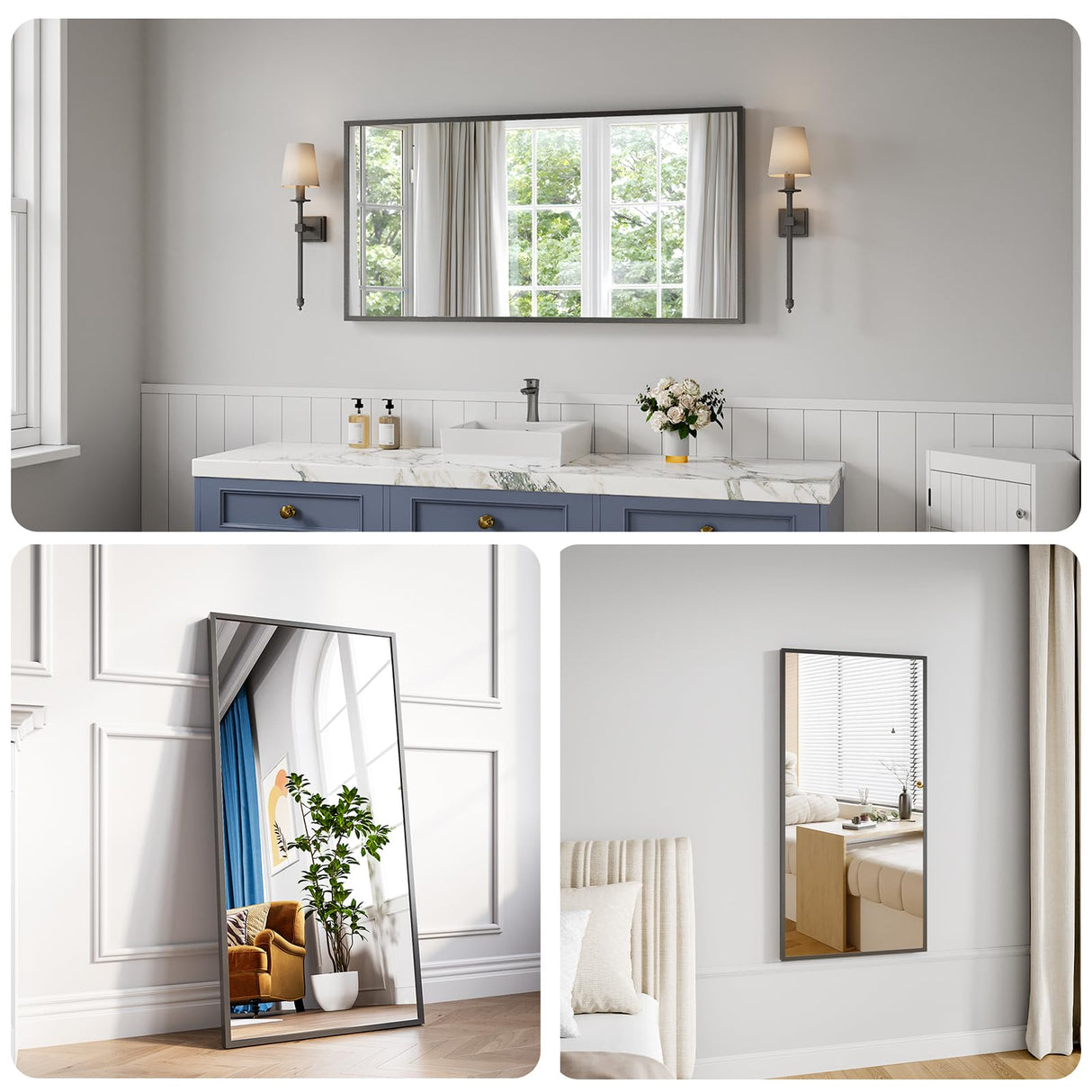 24x48 Black Bathroom Mirror - Shatterproof Tempered Glass Wall Mirror