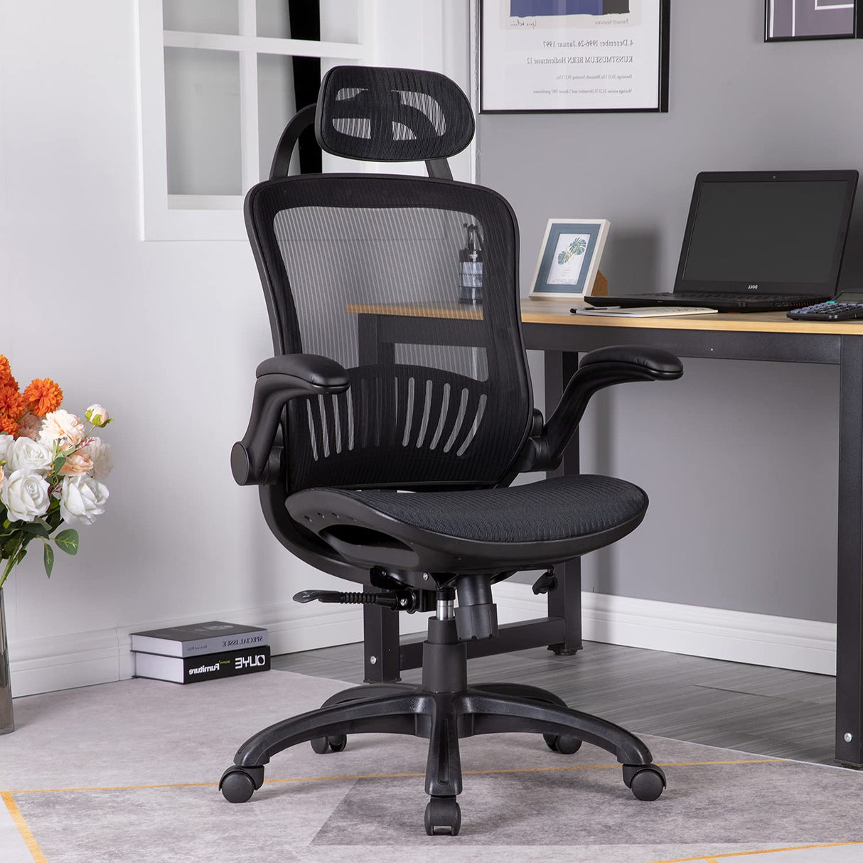 Desk Chair Computer Chair Ergonomic Rolling Swivel Mesh Chair Lumbar Support Headrest Flip-up Arms High Back Adjustable Chair for Women& Men,Black